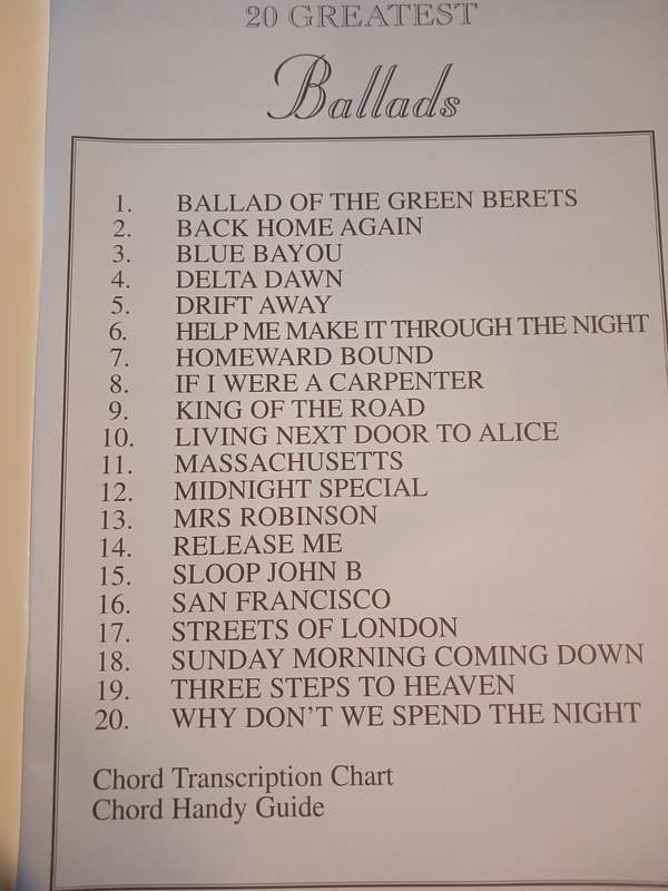 20 Greatest Ballads, Chord Transcription Chart/Chord Handy Guide