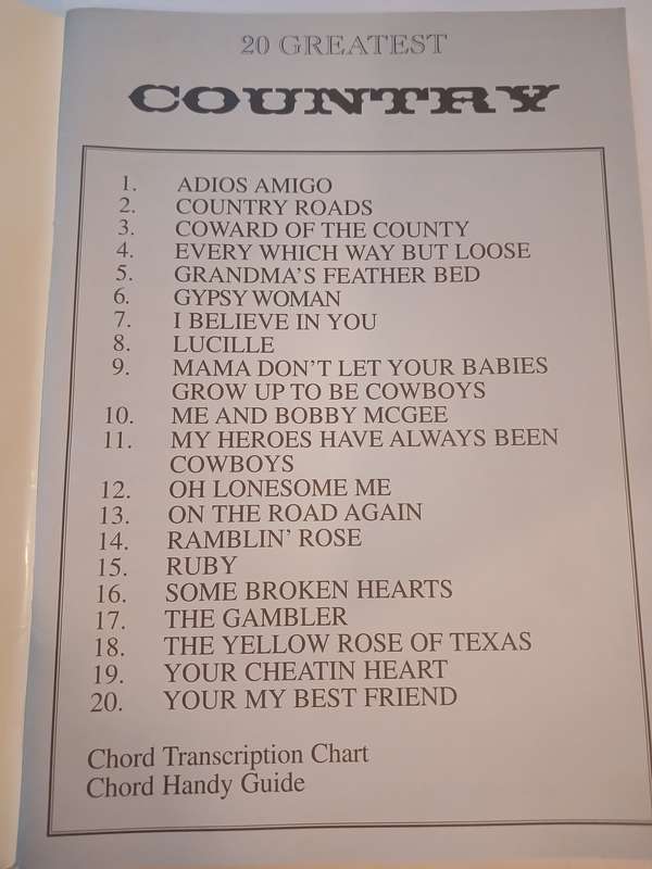 20 Greatest Country, Chord Transcription Chart/Chord Handy Guide