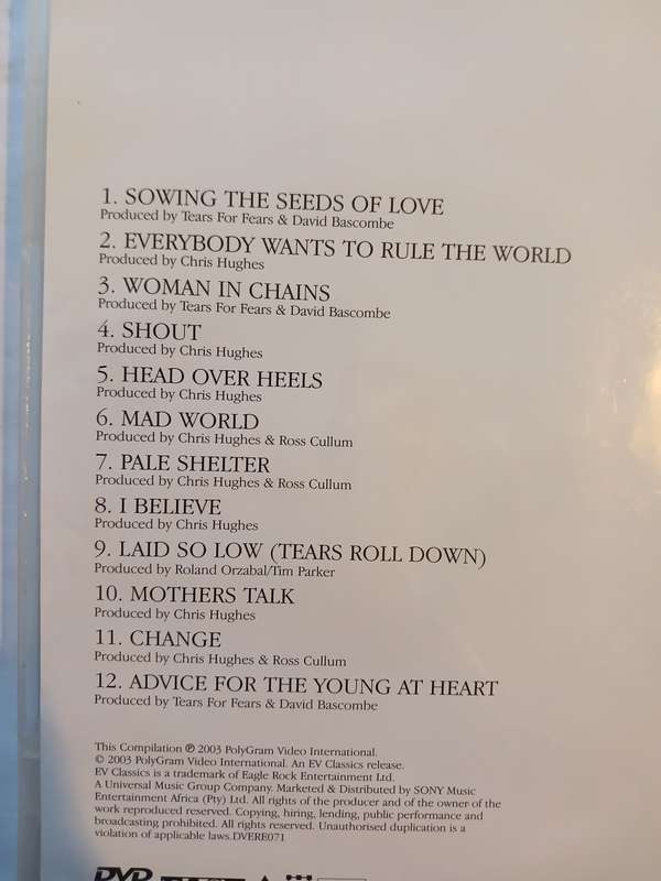 Tears for Fears, Tears Roll Down, Greatest Hits 82-92 DVD