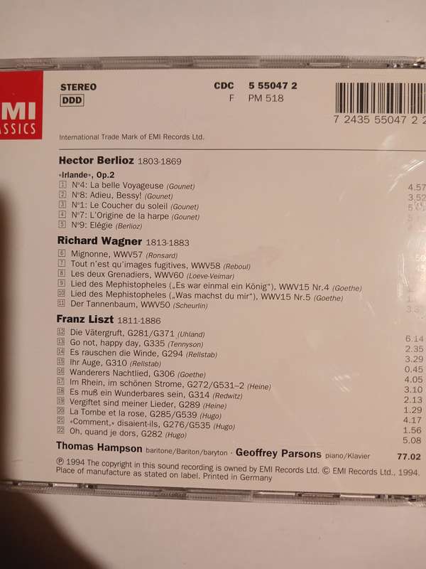 EMI Classics, Romantic Songs, Berlioz, Wagner, Liszt, Hampson CD, EU