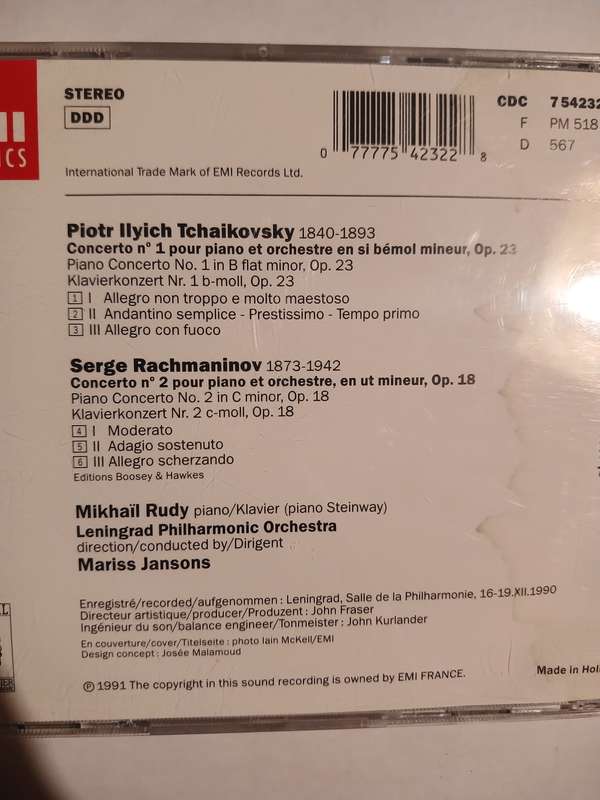 EMI Classics, Tchaikovsky/Rachmaninov Concertos Pour Piano CD, EU