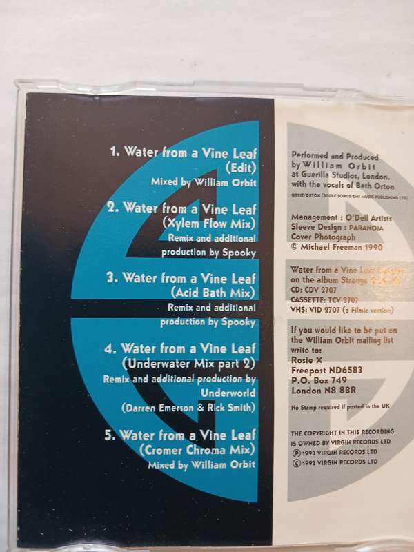 William Orbit, Water from a Vine Leaf CD single, UK & Europe