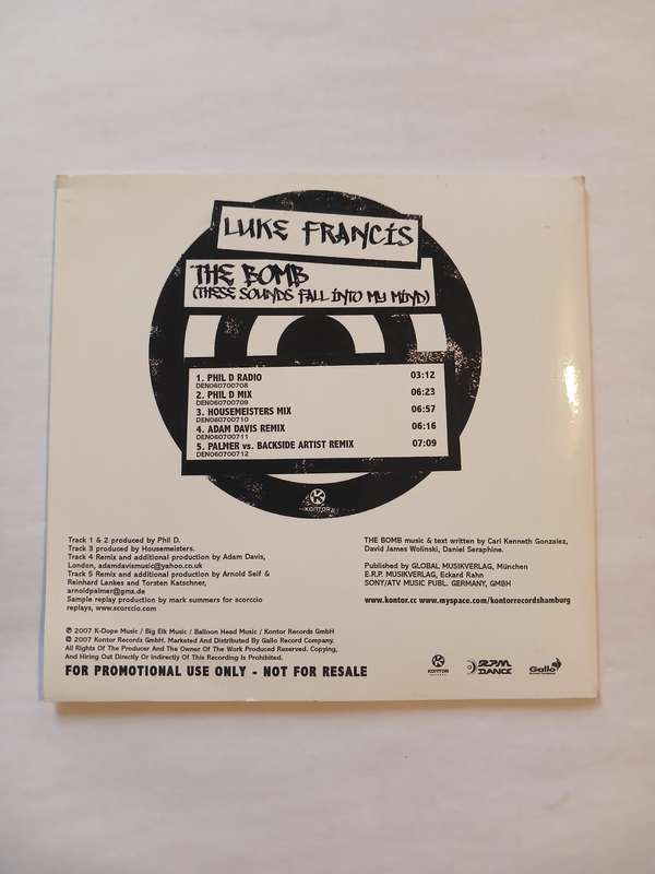 Luke Francis, The Bomb(These Sounds Fall Into My Mind) CD single, Promo