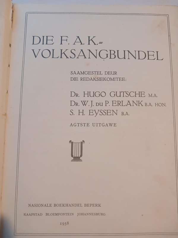 F.A.K. Volksangbundel vir Suid-Afrika, Agtste Uitgawe 1958 Hardcover