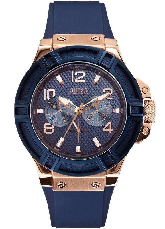 GUESS Rose Gold-Tone Dial with Iconic Blue Stain Resistant Silicone Strap