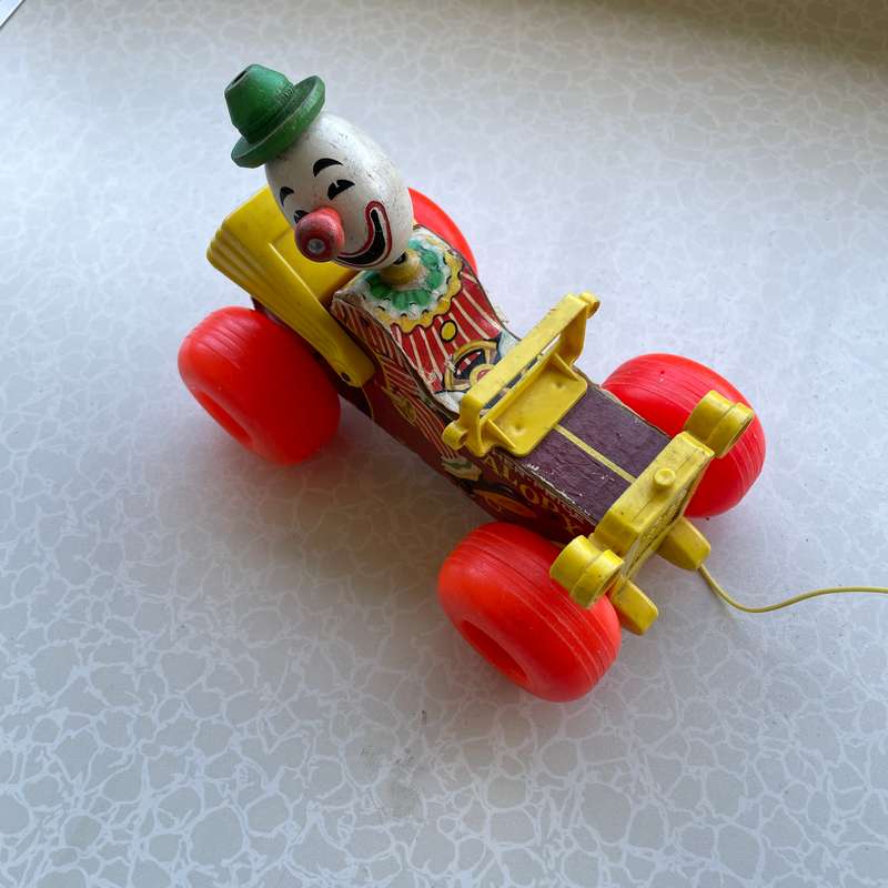 Vintage 1965 Fisher-Price Wooden Jalopy clown Car Pull Toy #724 Made in USA