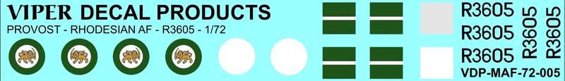 Rhodesian Air Force Provost R3605 Decal Set - 1/72 Scale (Viper Decal Products)(MAF72005)