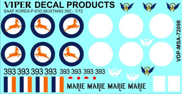 SAAF Korea P-51D Mustang '393' "Marie" Decal Sheet - 1/72 Scale (Viper Decal MSA72098)