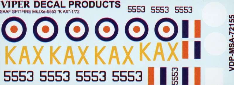 SAAF Spitfire Mk.1xe '5553/K AX' - 1/72 Scale (Viper Decal Products)(MSA72155)