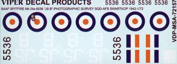 SAAF Spitfire Mk.IXe '5536/JS B' Photographic Survey Sqn AFS Swartkop 1942 Decal Set - 1/72 Scale