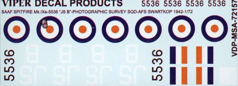 SAAF Spitfire Mk.Ixe '5536/JS B' Photo Survey Sqn AFS Swartkop 1942 - 1/72 (Viper Decal)(MSA72157)