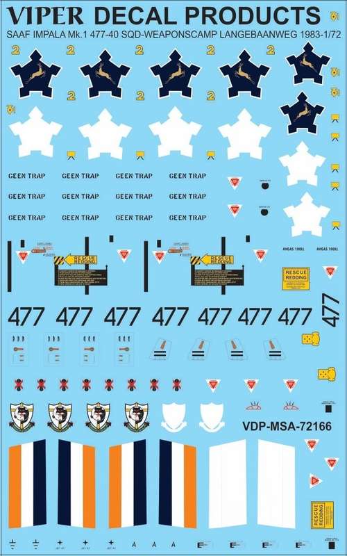 SAAF Impala Mk.1 '477' 40 Sqn Weapons Camp Langebaanweg 1983 - 1/72 Scale (Viper Decal)(MSA72166)
