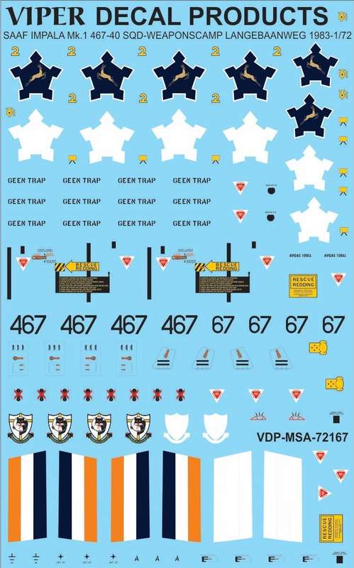 SAAF Impala Mk.1 '467' 40 Sqd Weapons Camp Langebaanweg 1983 -1/72 Scale (Viper Decal)(MSA72167)