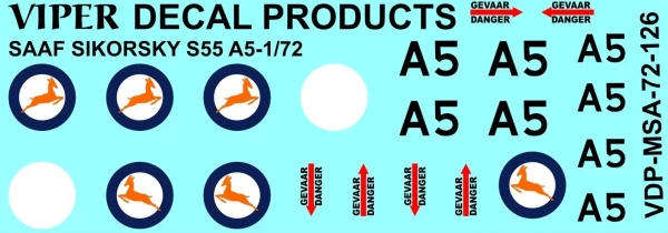 SAAF Sikorsky S.55 Decal Sheet - 1/72 Scale (Viper Decal Products MSA72126)