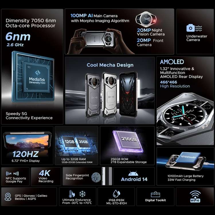 DOOGEE S200 Rugged Phone, 12GB+256GB, Side Fingerprint, 6.72 inch Android 14 Dimensity 7050 Octa Cor