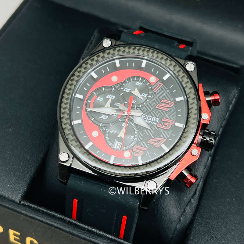 MEGIR Men`s Racer Chronograph Date 45mm Black/Red Silicone Strap Watch
