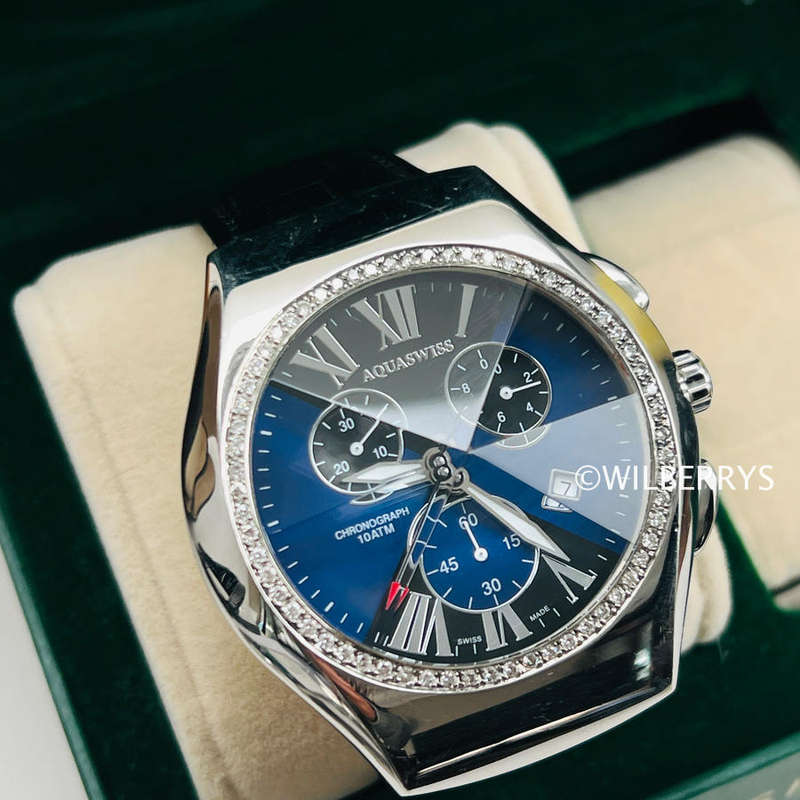 AQUASWISS Mens Ice XL Diamond Prism Blue Dial Crystal Swiss Watch Leather