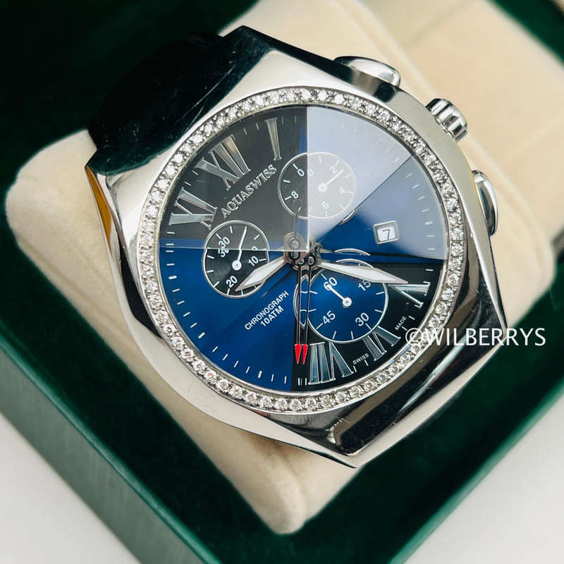 AQUASWISS Mens Ice XL Diamond Prism Blue Dial Crystal Swiss Watch Leather