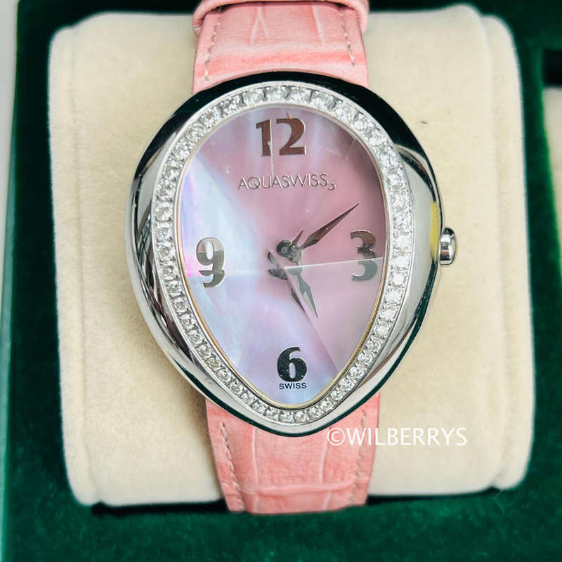 AQUASWISS Womens Diamond Prism Pink Mother of Pearl Dial Swiss Watch Leather