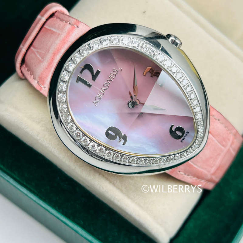 AQUASWISS Womens Diamond Prism Pink Mother of Pearl Dial Swiss Watch Leather