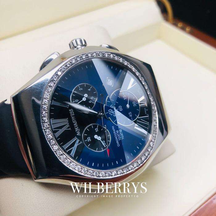 AQUASWISS Mens Ice XL Diamond Prism Blue Dial Crystal Swiss Watch Leather