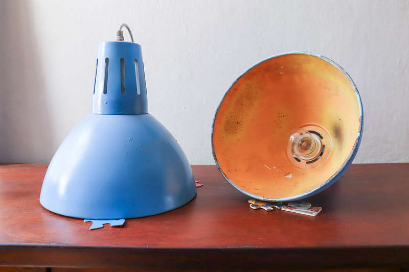 Pair of Industrial suspension Lamp in blue and metal sheet, 1970s.