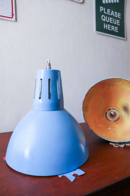 Pair of Industrial suspension Lamp in blue and metal sheet, 1970s.