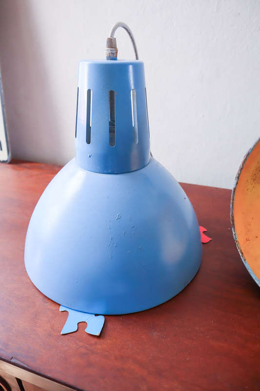 Pair of Industrial suspension Lamp in blue and metal sheet, 1970s.