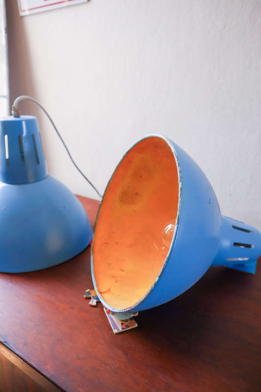 Pair of Industrial suspension Lamp in blue and metal sheet, 1970s.