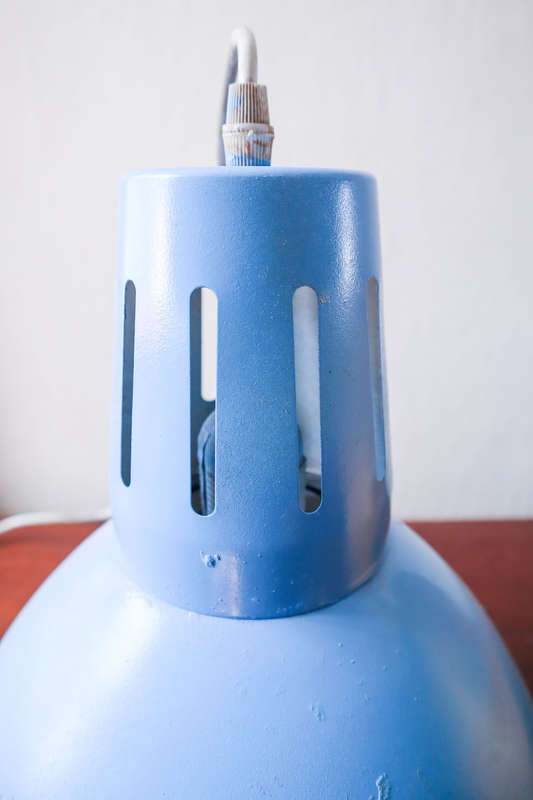 Pair of Industrial suspension Lamp in blue and metal sheet, 1970s.