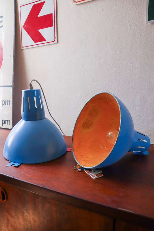 Pair of Industrial suspension Lamp in blue and metal sheet, 1970s.