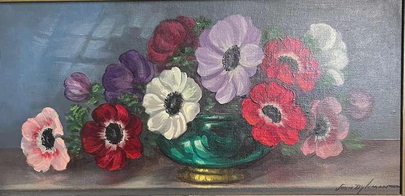 SIGNED! JOHN DYLAN FRAMED OIL PAINTING OF STILL LIFE CASE OF FLOWERS