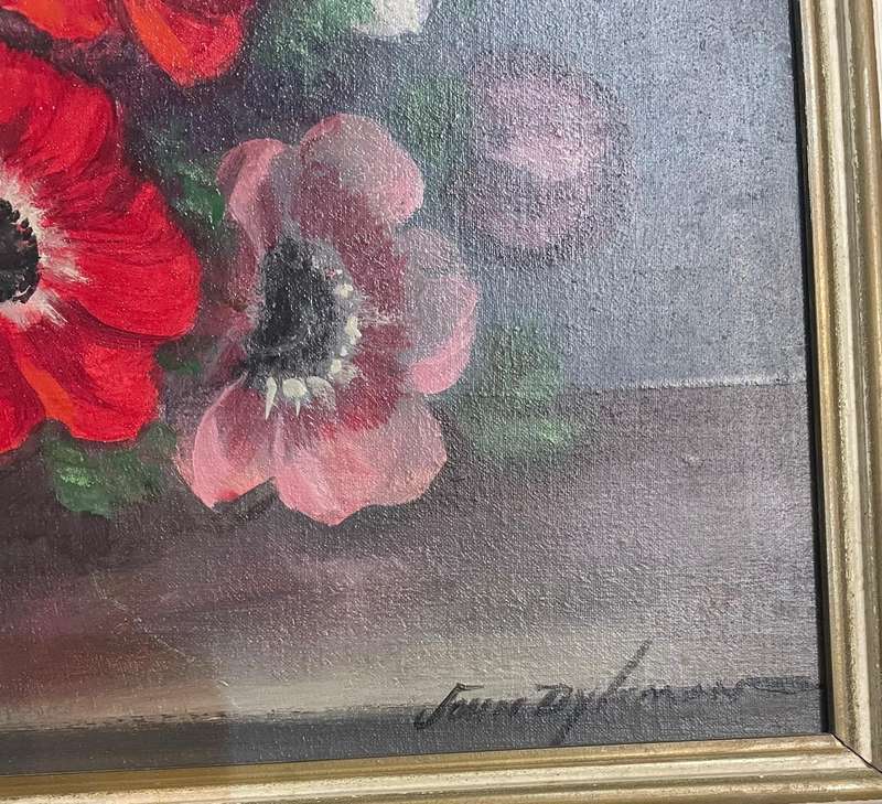 SIGNED! JOHN DYLAN FRAMED OIL PAINTING OF STILL LIFE CASE OF FLOWERS