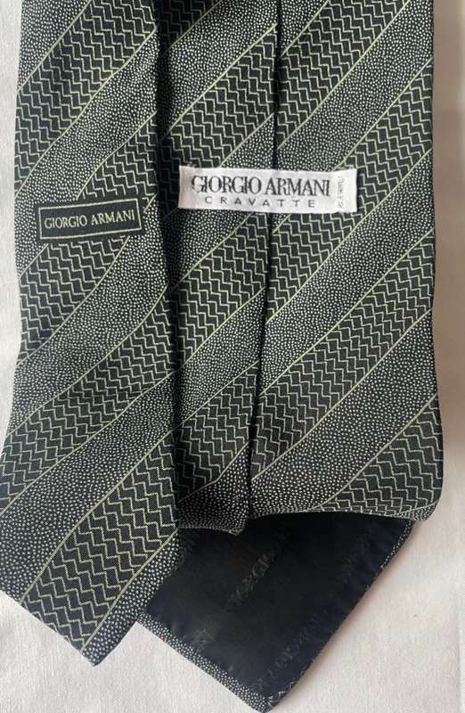 ORIGINAL GIORGIO ARMANI MENS PURE SILK HANDMADE TIE, BLACK WITH GEOMETRIC STRIPES & WHITE SPECKLED