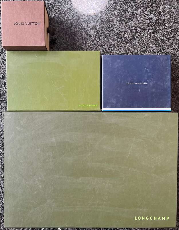 SET OF 4 DESIGNER BOXES: LONGCHAMP, TOMMY HILFIGER, LOUIS VUITTON