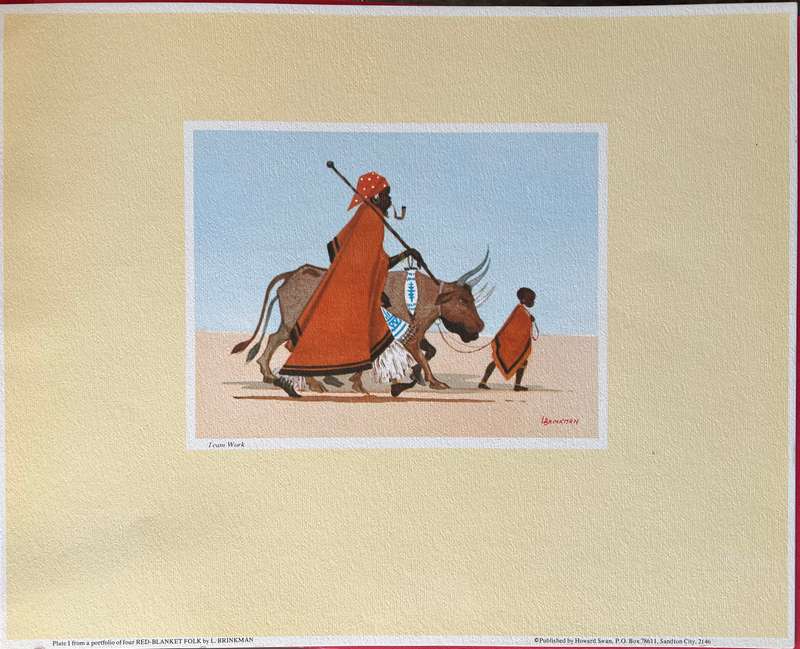 1 x COLLECTION OF 4 PRINTS BY SOUTH AFRICAN ARTIST LOUIE BRINKMAN, RED-BLANKET FOLK