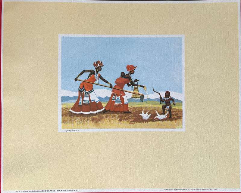 1 x COLLECTION OF 4 PRINTS BY SOUTH AFRICAN ARTIST LOUIE BRINKMAN, RED-BLANKET FOLK