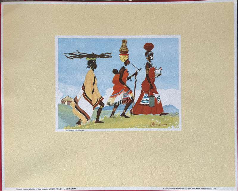 1 x COLLECTION OF 4 PRINTS BY SOUTH AFRICAN ARTIST LOUIE BRINKMAN, RED-BLANKET FOLK