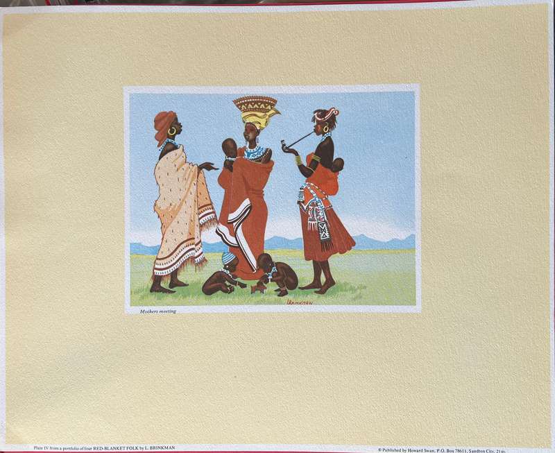 1 x COLLECTION OF 4 PRINTS BY SOUTH AFRICAN ARTIST LOUIE BRINKMAN, RED-BLANKET FOLK
