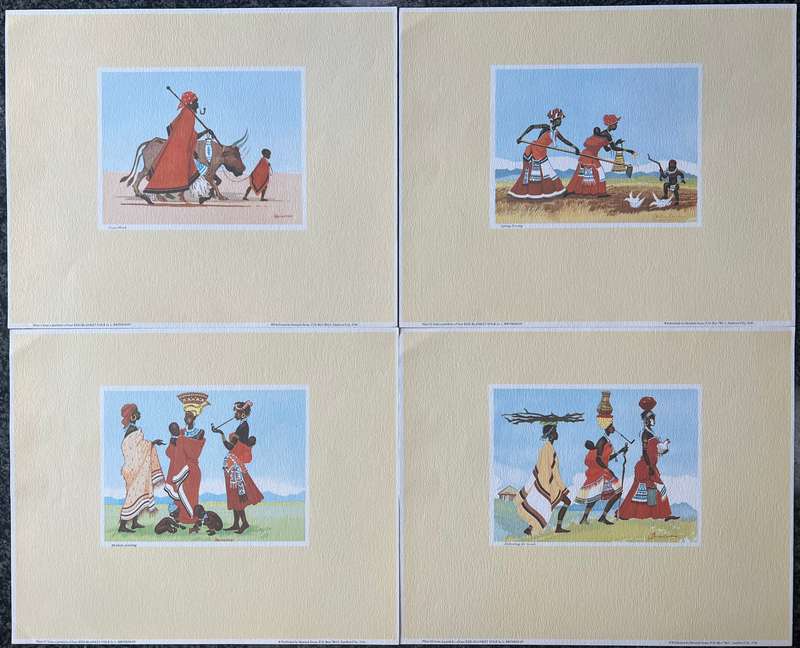 1 x COLLECTION OF 4 PRINTS BY SOUTH AFRICAN ARTIST LOUIE BRINKMAN, RED-BLANKET FOLK