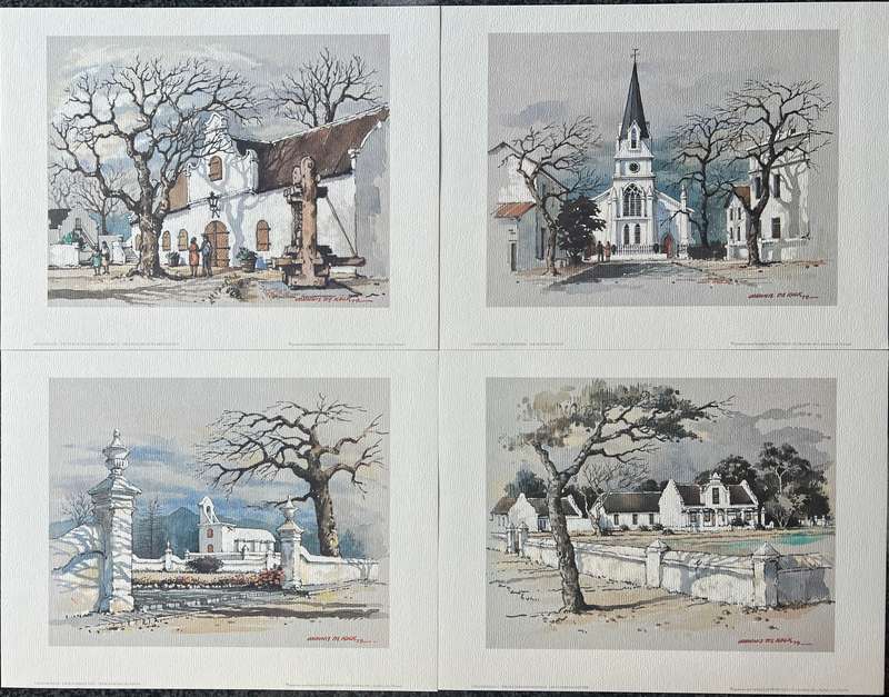 1 x COLLECTION OF 4 PRINTS BY LISTED SOUTH AFRICAN ARTIST JOHNNIE DE KOCK, STELLENBOSCH