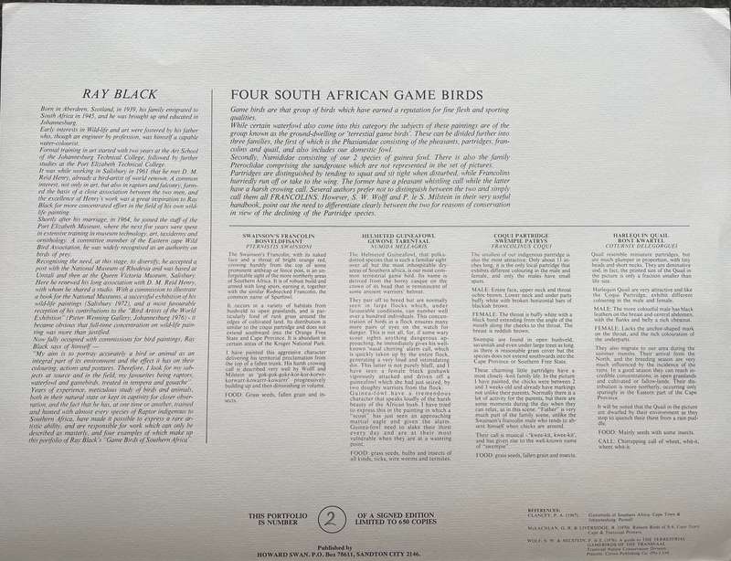 SIGNED, NUMBERED! 1 x COLLECTION OF 4 PRINTS BY RAY BLACK, SOUTH AFRICAN GAME BIRDS