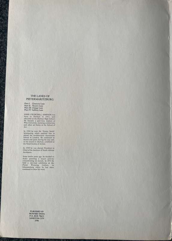 SIGNED, NUMBERED! 1 x COLLECTION OF 4 PRINTS BY JOHN CHURCHILL SIMPSON THE LANES OF PIETERMARITZBURG