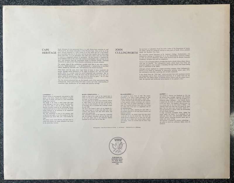 1 x COLLECTION OF 4 PRINTS "CAPE HERITAGE" BY LISTED SOUTH AFRICAN ARTIST JOHN CULLINGWORTH