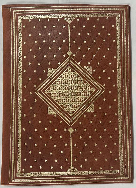 BROWN A4 SIZE SOFT LEATHER FOLDER WITH GOLD DETAILING ON THE FRONT.