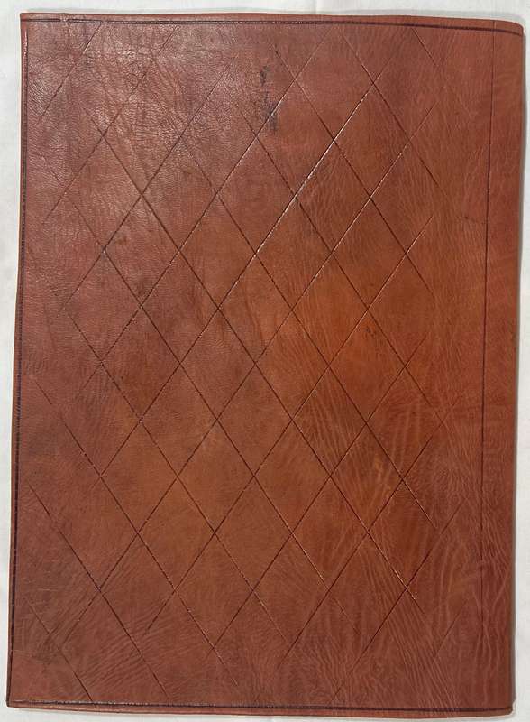 BROWN A4 SIZE SOFT LEATHER FOLDER WITH GOLD DETAILING ON THE FRONT.