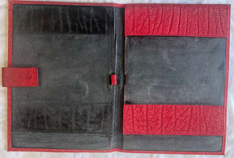 RED A4 SIZE BUFFALO LEATHER FOLDER IN GOOD CONDITION