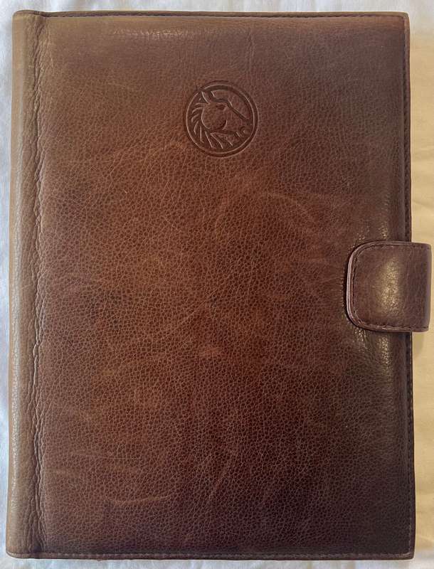 BROWN A4 SIZE LEATHER FOLDER WITH PLAID PATTERN ON INSIDE  AND SUEDE INTERIOR IN EXCELLENT CONDITION