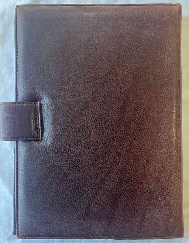 BROWN A4 SIZE LEATHER FOLDER WITH PLAID PATTERN ON INSIDE  AND SUEDE INTERIOR IN EXCELLENT CONDITION