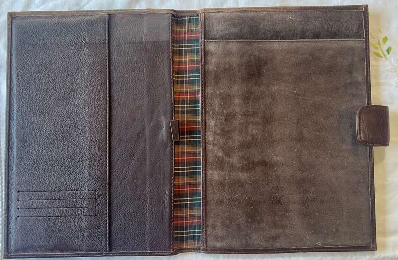 BROWN A4 SIZE LEATHER FOLDER WITH PLAID PATTERN ON INSIDE  AND SUEDE INTERIOR IN EXCELLENT CONDITION